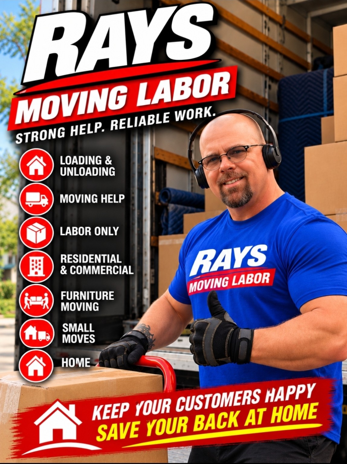 Ray’s Moving Labor promotional image: Ray beside a moving truck, offering loading, unloading, moving help and small moves at home.